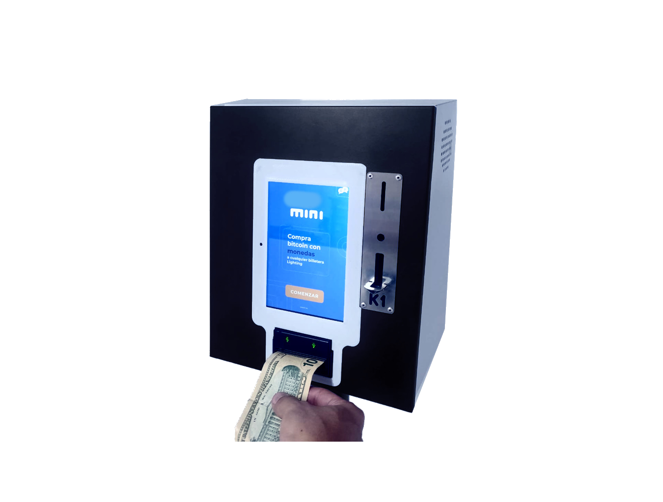 Bitcoin ATM ModelMini, a compact black machine with blue screen for buying cryptocurrency