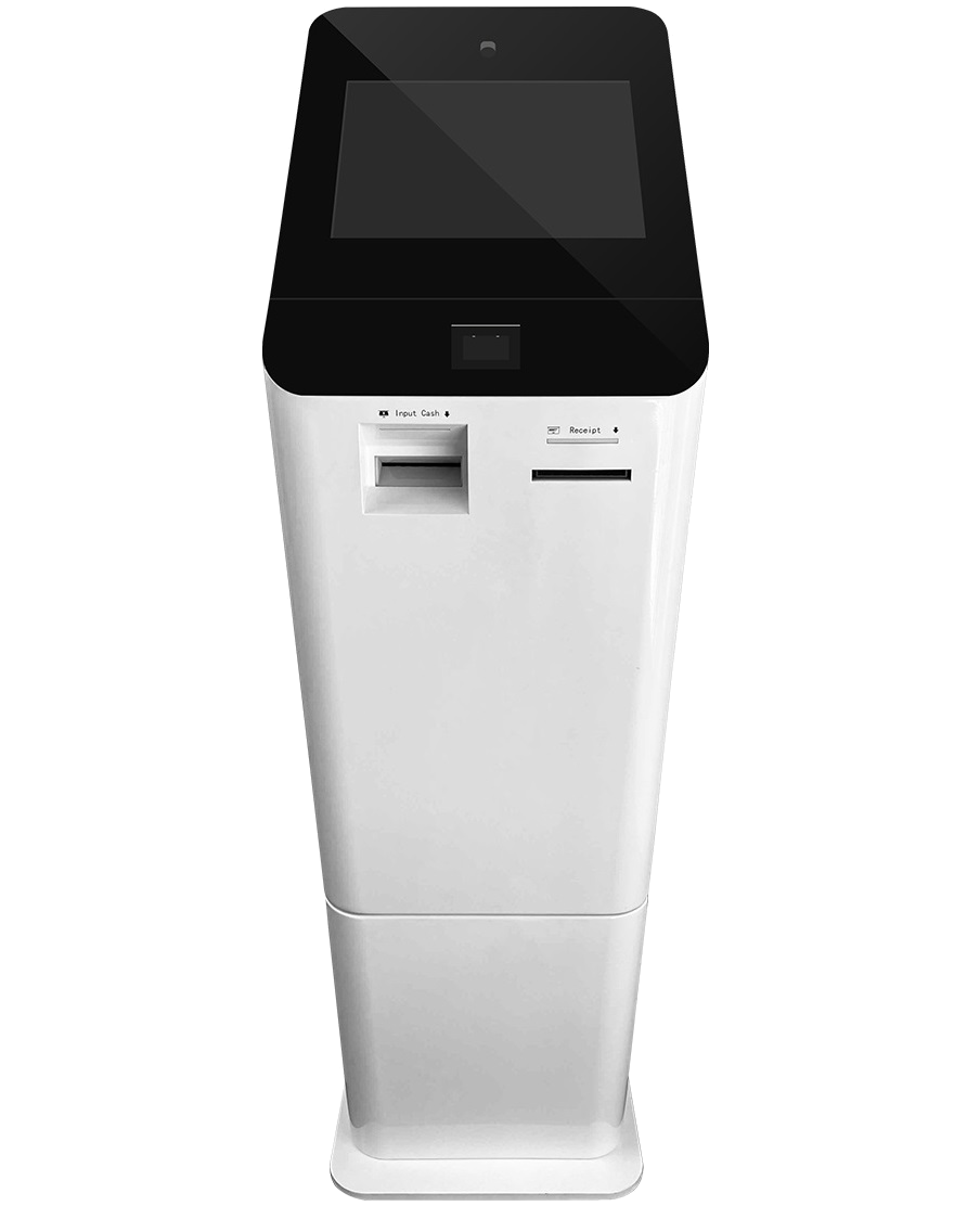 Bitcoin ATM Model V, a slim white and black machine for buying and selling cryptocurrency